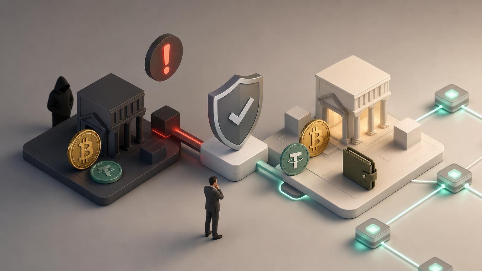 Persona comprobando el dominio, la red, la dirección y el importe de una operación con BTC o USDT antes de autorizar el envío